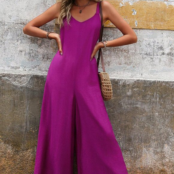 Violet Purple Casual Women's Summer Wide Leg Jumpsuit - Picture 1 of 5